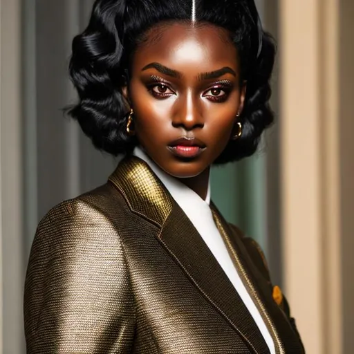 Prompt: dark skin woman in Gucci outfit. Symmetrical face and eyes, daring eyes. 