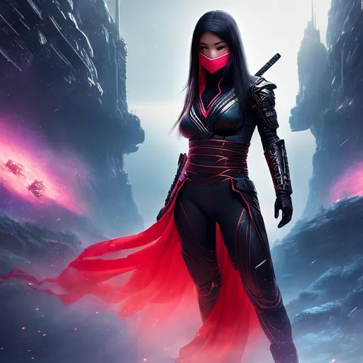Prompt: create photograph of beautiful female ninja who is wearing bright red futuristic ninja robes,  night time and beautiful sky  space and planets an nebulae in sky highly detailed, detailed face, extremely detailed environment, extremely detailed background, extremely detailed skin, extremely detailed clothing, natural colors , professionally color graded, photorealism, 8k, realistic, moody lighting, galactic environment, volumetric lighting