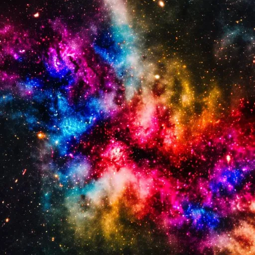 Prompt: Pink red blue and yellow explosion creating the galaxy 
