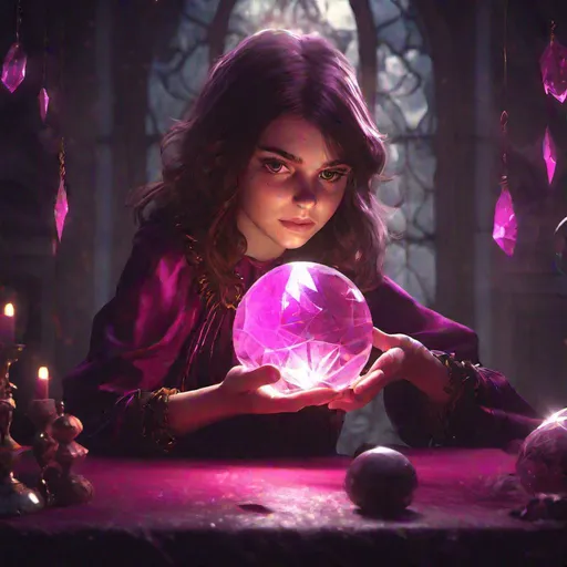 Prompt: young witch girl with brown hair and fuchsia, touching a fractured crystal ball, dark room, light emanating from crystal ball, concept art, epic lighting, finely-tuned, octane rendering