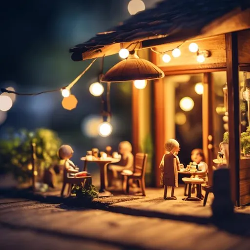 Prompt: tiny wooden outside cafe, tiny wooden people drinking, dining, dancing, string lights, dark night



