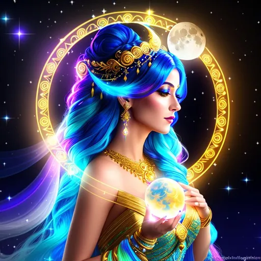 Prompt: A beautiful moon goddess, large nose, ((intricate long flowing blue multicolored hair)), (gold filigree hair decoration), tan skin, ((long flowing blue gown)), (holding a glowing moon) ethereal, luminous, fireflies, night sky, neon light trails, glowing, nebula, dark contrast, celestial, trails of light, sparkles, 3D lighting, celestial, gold filigree halo, soft light, vaporwave, fantasy