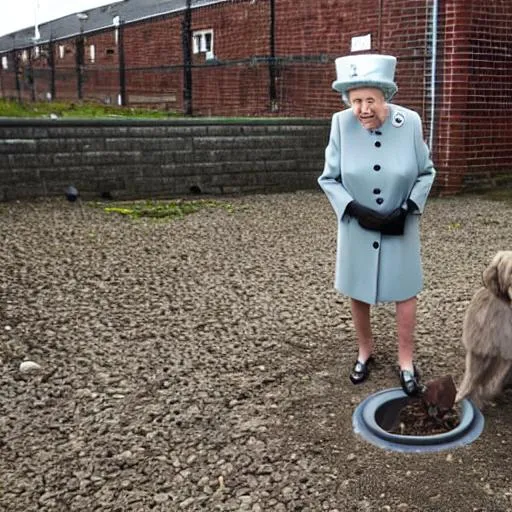 Prompt: the queen standing in dog faeces outside a prison