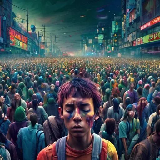 Prompt: A protagonist in his Colorful painted shown in a Disturbing daily life scene, in the middle, eyes closed, in a moving big human crowd, cinematic city, dramatic sky, big scene, realistic, 4k resolution, 35mm lens, a bit dreamy, details