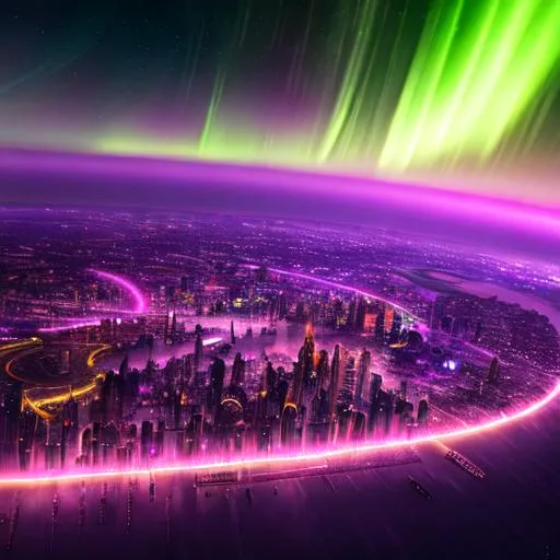 Prompt: A surreal steampunk floating city surrounded by a purple-hued aurora borealis, populated with strange flying animals and plants, rendered in a futuristic sci-fi style, featuring neon lights and metallic textures, abstract, dreamlike, dystopian, 8k, intricate details