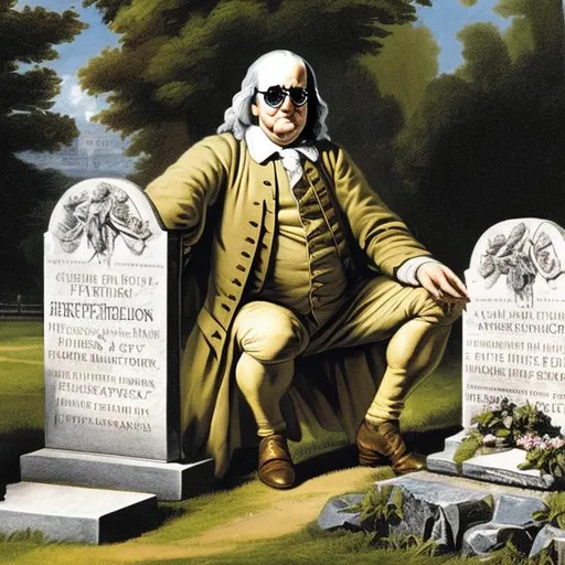 Prompt: ben franklin wearing sunglasses squatting on king george's headstone