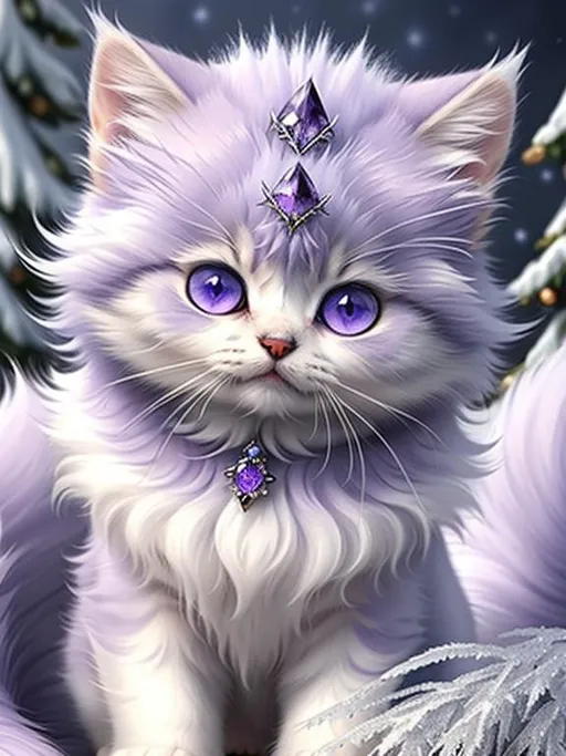 Prompt: (masterpiece, professional oil painting, epic digital art, best quality:1.5), tiny ((kitten)), ice elemental, silky silver-lilac fur covered in frost, timid, ((insanely detailed alert amethyst eyes, sharp focus eyes)), gorgeous 8k eyes, fluffy silver neck ruff covered in frost, two tails, (plump), extremely beautiful, fluffy chest, enchanted, magical, finely detailed fur, hyper detailed fur, (soft silky insanely detailed fur), presenting magical jewel, moonlight beaming, starry sky, frolicking in frosted meadow, grassy field covered in frost, cool colors, professional, symmetric, golden ratio, unreal engine, depth, volumetric lighting, rich oil medium, (brilliant auroras), (ice storm), full body focus, beautifully detailed background, cinematic, 64K, UHD, intricate detail, high quality, high detail, masterpiece, intricate facial detail, high quality, detailed face, intricate quality, intricate eye detail, highly detailed, high resolution scan, intricate detailed, highly detailed face, very detailed, high resolution