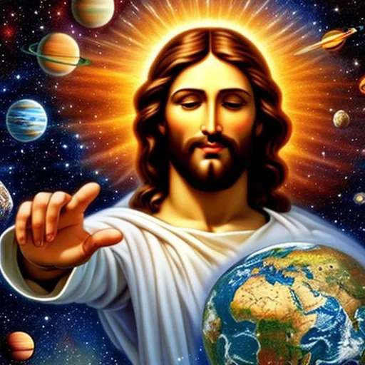Prompt: Jesus holds the Earth lovingly, very detail face of Jesus,  proposional body, finger like human body, perfect body, angels surround Jesus, the solar system is full of spar, Full HDstars