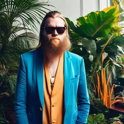 Prompt: Norwegian DJ with long hair and a very long beard. Danish modern house with tropical plants. He is wise and young. Sunglasses. Blazer. A fire place inside. He has a dog.