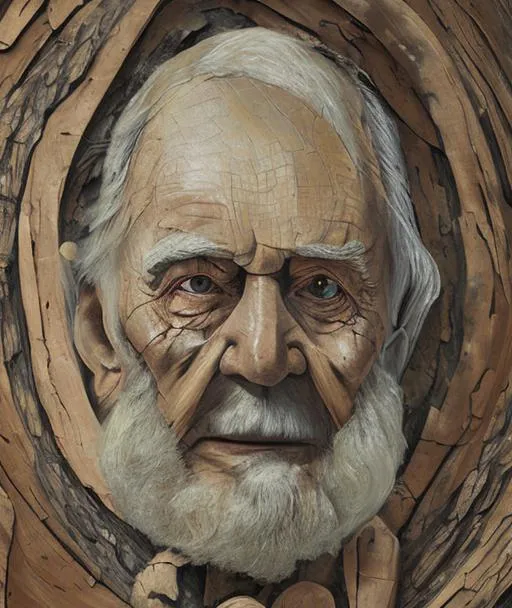 Prompt: still-life painting of an old man, wide view, wood and plaster material, beautiful, abstract, nature, artistic 