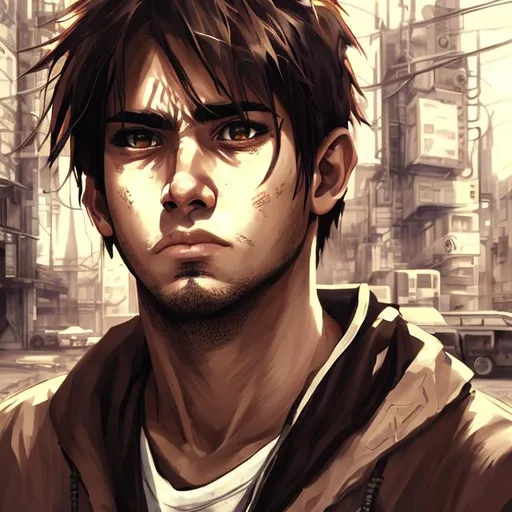 Prompt: portrait of a man, brown eyes, expression is defiant, facing camera, concept art and anime style and photorealistic, symmetrical, background is a post-industrial setting