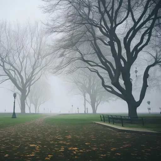 Prompt: Empty park at day with fog