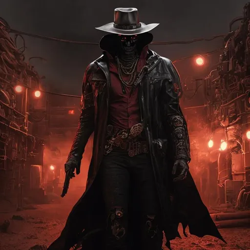 Prompt: Cyber Cowboy with 4 Arms, fiery red Poncho, Dressed in black duster and Stetson Cowboy Hat, with Red eyes, Haunting Presence, Intricately Detailed, Hyperdetailed, Desert Wild West Landscape, Dusty Midnight Lighting, Wild West Feel