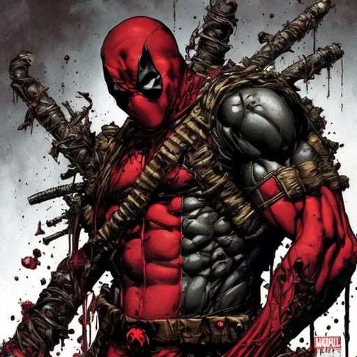 Prompt: Todd McFarlane Spawn as Deadpool variant. muscular. dark gritty. Bloody. Hurt. Damaged. Accurate. realistic. evil eyes. Slow exposure. Detailed. Dirty. Dark and gritty. Post-apocalyptic. Shadows. Sinister. Intense. 