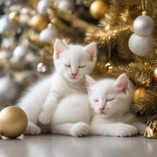 Prompt: white kittens sleeping under a gold christmas tree
