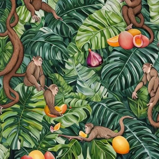 Prompt: Plump figs and mangoes dangling over the tropical jungle foliage, with monkeys and birds in acrylic