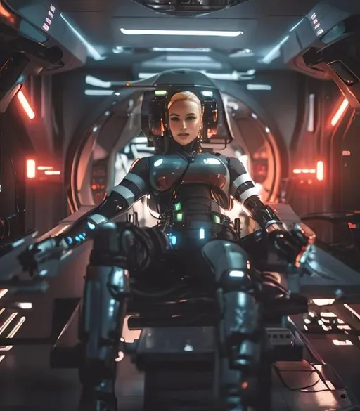 Prompt: a spaceship pilot in a latex suit with robotic limbs, laying down in a pod, in a cyberpunk setting, cyborg, implants, high details, realistic, photorealism, 8k