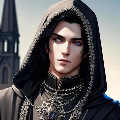 Prompt: UHD, 8K, masterpiece, high quality face, very detailed, trending on artstation, masterpiece, fantasy, male necromancer, lean body, dark clothing with silver ornaments and hood, DnD art, short black hair, highly detailed eyes, dark gothic church in the background