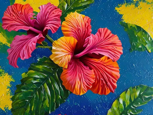 Prompt: Vibrant, Hawaiian Hibiscus, thick oil impasto