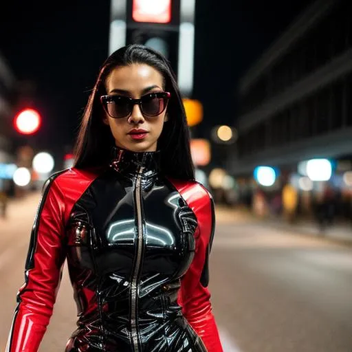 Prompt: Beautiful woman from a random country, futuristic black sunglasses wearing a red and black latex futuristic avant-garde dress, walking in the street, at night, highly detailed, ambient light, red neon lights, close-up, provocative, street photography, perfect composition