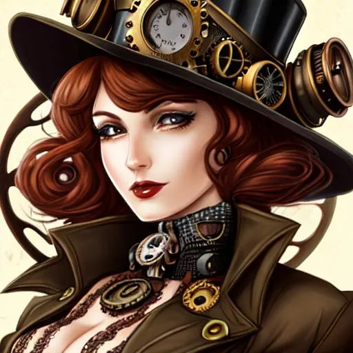 Prompt: steampunk lady with hat, closeup