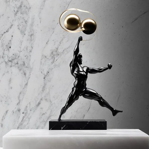 Prompt: "Effortless Strength": Craft a minimalist, abstract rendering of a man holding up the globe, emphasizing the concept of effortless strength and grace. Utilize polished metals to form the figure, keeping the design sleek and streamlined. Incorporate veined marble as a visual contrast, adding depth and texture to the composition. Aim for a clean and flowing aesthetic, capturing the essence of the man's gentle yet powerful support of the globe.

