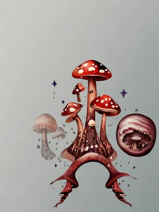 Prompt: space scape background. Planet in sky. Mushrooms, trees, pagan, celtic, 