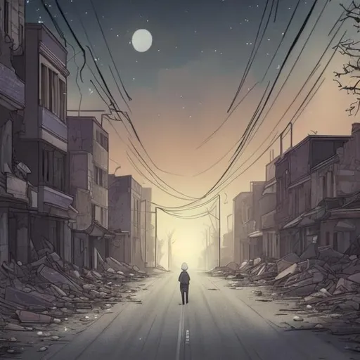 Prompt: a silver fox walking down a empty street thats broken and crumbled with old buildings and a sunset with a dusty atmosphere
