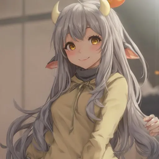 Prompt: cute cow girl, standing up, yellow clothes, grey hair, black scarf, amber anime eyes, lowset fluffy cow ears, horns, fluffy cow tail, pastel colors, 8k, smiling