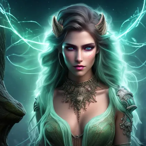 Prompt: HD 4k 3D 8k professional modeling photo hyper realistic beautiful demon woman ethereal greek goddess of lawlessness
pale green hair in updo brown eyes gorgeous face black skin barbarian dress headpiece tattoos full body surrounded by magical glowing light hd landscape background wilderness swamp weapons dirty 