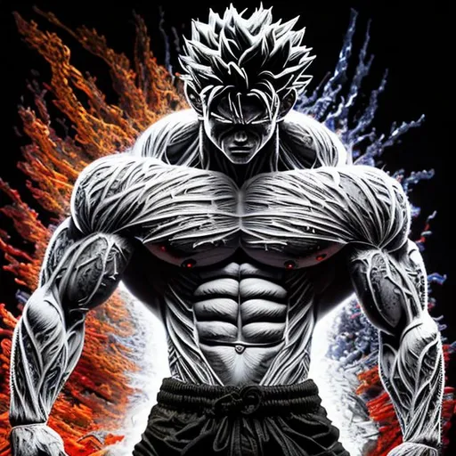 Prompt: 64K masterpiece intricate hyperdetailed breathtaking 3D glowing black oil painting medium portrait of Son Goku, black trousers, intricate hyperdetailed muscular body, intricate hyperdetailed muscles, glowing white light reflection on the muscles, hyperdetailed intricate hard standing glowing hair, hyperdetailed glowing angry white eyes, detailed face, white glowing muscles, white glowing body, white glowing skin, semi-polaroid monochrome photography, hyperdetailed complex, character concept, hyperdetailed intricate glowing shining glamorous white water drop floating in the air, very angry, intricate glowing light reflection, intricate hyperdetailed glowing iridescent reflection, strong glowing white light on the hair, contrast white head light, hyperdetailed very strong black shading, very strong black muscle shadow, professional award-winning photography, maximalist photo illustration 64k, resolution High Res intricately detailed, impressionist painting, yellow color splash, illustration, key visual, panoramic, cinematic, masterfully crafted, 8k resolution, stunning, ultra detailed, expressive, hypermaximalist, UHD, HDR, UHD render, 3D render, 64K, hyperdetailed intricate watercolor mix oil painting on the body, Toriyama Akira