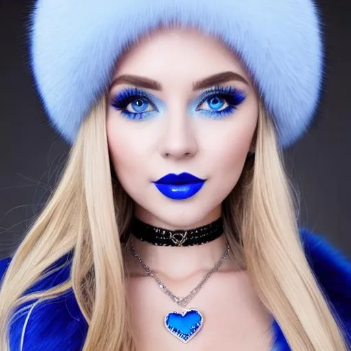 Prompt: Kasie Hunt, soldier, blue lipstick, snowy beach, blue heart necklaces, Thick blue fur coat, Black Cape, pleasant face, blue eyes, Black-purple eyeshadow, long ice earrings. Cold color scheme, ultradetailed, 8k resolution, perfect, smooth, high quality, shiny. 