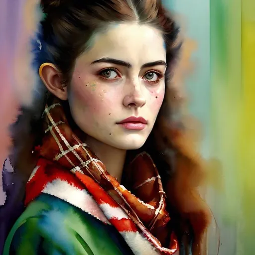 Prompt: A painter sat at his working desk, painting a watercolor portrait of a beautiful woman's face. The woman is sad, tears drop from one eye. The full head and hair is shown. The woman wears a pale yellow striped scarf. On her head wears a chequered pale green bandana. Masterpiece, precise brush strokes, use mainly primary colors, dark background. Elf ears, very long incisive teeths. Thomas Kincade style.