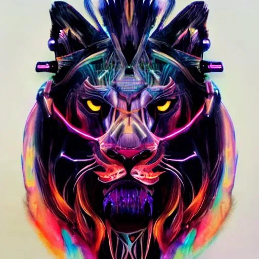 Prompt: Watercolor portrait of a neon SAMURAI LION with iridescent black markings and a CYBERNETIC LION face, METAL LION head WITH FANGS, perfect composition, hyperrealistic, super detailed, 8k, high quality, trending art, trending on artstation, sharp focus, studio photo, intricate details, highly detailed, by greg rutkowski, illustration, watercolor, BY YUJI SHINKAWA, BY Yoshitaka Amano