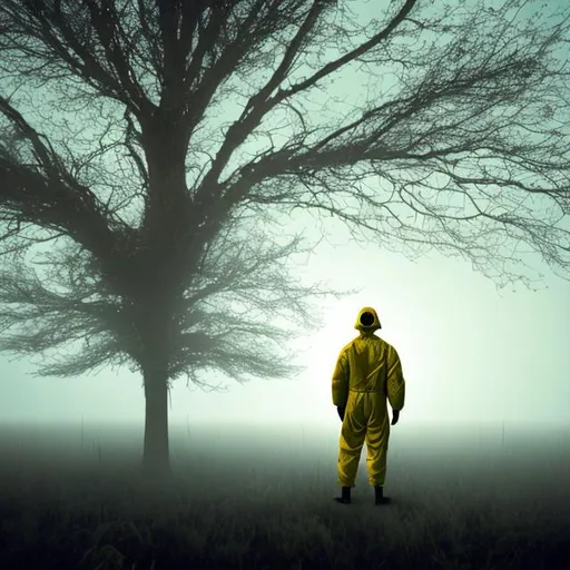 Prompt: Guy in a hazmat suit at a single tree In a field at night with fog