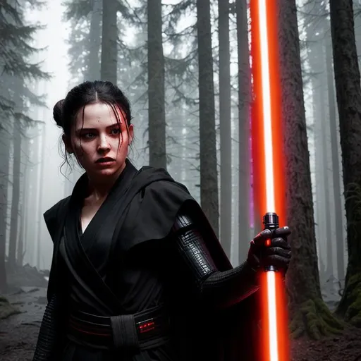 Prompt: Hyper detail portrait of a young woman Sith lord, corpses on the floor, face covered in blood, with red lightsaber in hand, walking across foggy and raining Endor forest, black pants, a black short sleeve shirt, a black vest past the waist, a black belt, hyper realism, unreal engine 8k octane rendering