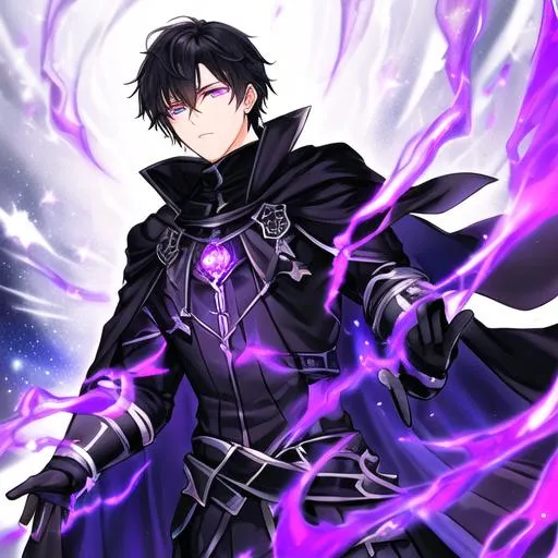 Prompt: Mysterious, black cloak, body is the galaxy, and handsome, controlling void with hands, glowing purple eyes, male body, masculer body, dark hair

