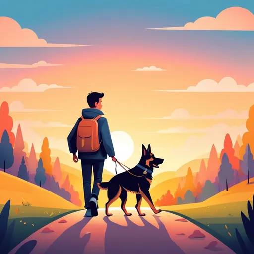 Prompt: illustrations for a book-cover,flat design,simple shapes,vector,colorful,2D,cute cartoon characters,boy with german shepherd dog, walking towards sunset