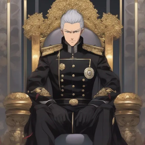 Prompt: an 30 years old male noble in  a black uniform sitting on a throne similar to two crossed flashes. He wears no crown, has grey hairs. Detailed, well draw face. Ambitious look. You must see the wrinkles and the falling skin"
Anime art. Japanese Anime. Akira art. 2d art 2d. 
