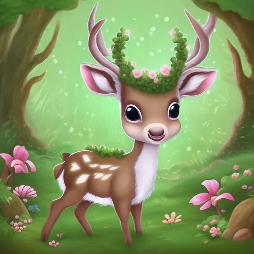 Prompt: cartoon baby deer drawing, flower crown, mossy forest