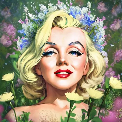 Prompt: Marilyn Monroe as a goddess ,wildflowers,facial closeup
