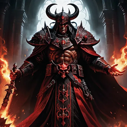 Prompt: Warhammer fantasy RPG illustration of a fearsome Priest of Khorne, blood-soaked robe, imposing stature, demonic symbols, intense and intimidating gaze, dark and gritty atmosphere, high quality, detailed, fantasy, dark fantasy, priest of Khorne, intimidating, demonic symbols, atmospheric lighting