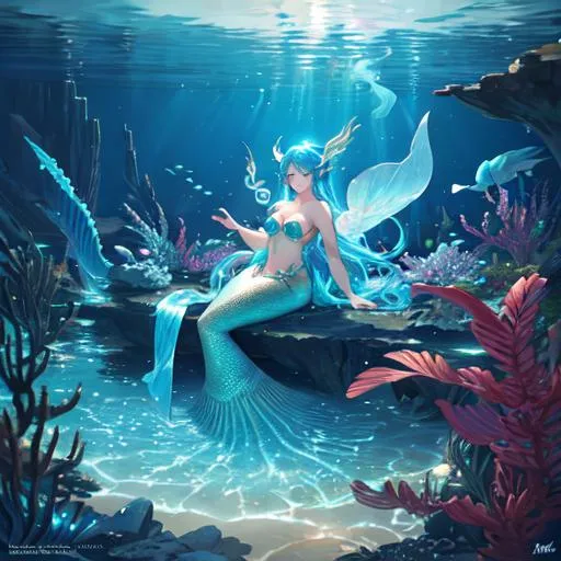 Prompt: Underwater scene featuring a beautiful mermaid/siren, ethereal lighting, vibrant colors, intricate tail design, fantasy-inspired setting, mesmerizing pose, digital painting by (artist), high resolution,