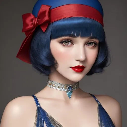 Prompt: a pretty girl  dressed in blue,  flapper, wearing a  large red hat 1920's era, bob hair cut, 1920's era makeup, facial closeup