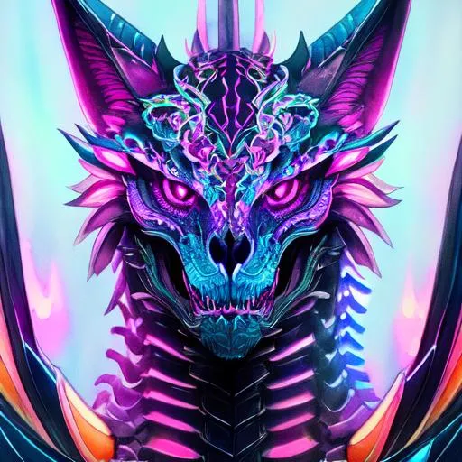 Prompt: portrait of a roaring neon skeleton dragon with fangs and iridescent black markings and a cute face, perfect composition, watercolor on paper with pencils, hyperrealistic, super detailed, 8k, high quality, trending art, trending on artstation, sharp focus, studio photo, intricate details, highly detailed