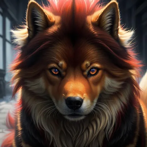 Prompt: 8k, 3D, UHD, masterpiece, oil painting, best quality, artstation, hyper realistic, perfect composition, zoomed out view of character, 8k eyes, Portrait of a (beautiful Ninetales), {canine quadruped}, thick glistening gold fur, deep sinister {crimson eyes}, ageless, lives a thousand years, epic anime portrait, wearing a beautiful (silky scarlet and gold scarf), thick white mane with fluffy golden crest, golden fur lighlights, studio lighting, animated, sharp focus, intricately detailed fur, sharp detailed eyes, beautifully detailed face, highly detailed starry sky with pastel pink clouds, ambient golden light, nine beautiful tails with pale orange tips, insanely beautiful, symmetric, sharp focus, professional, unreal engine, high octane render, highly detailed mouth, Yuino Chiri, Anne Stokes