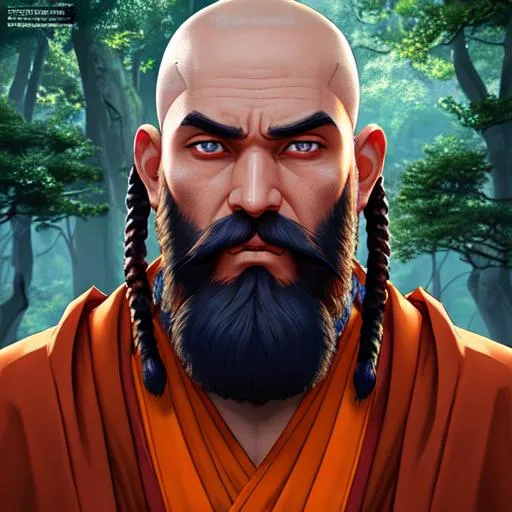 Prompt: BUDDHIST monk | ((shaved hair)) | ((blue eyes)) | symmetrical face, BIG black BEARD ,DREAD LOCKS,accurate anatomy, ultra-fine details, sharp focus, crazy colors, FOREST, iridescent| wearing ORANGE robes | digital anime illustration, masterpiece | pixiv, deviantart, zbrush, vray

