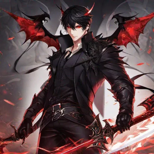 Prompt: Damien (male, short black hair, red eyes) a sadistic look on his face, demon form, fighting