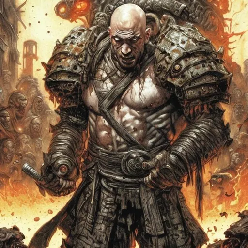 Prompt: a bald head bearded white buff guy using a kenpo armor in a post apocalyptic dojo in hell drawing by simon bisley