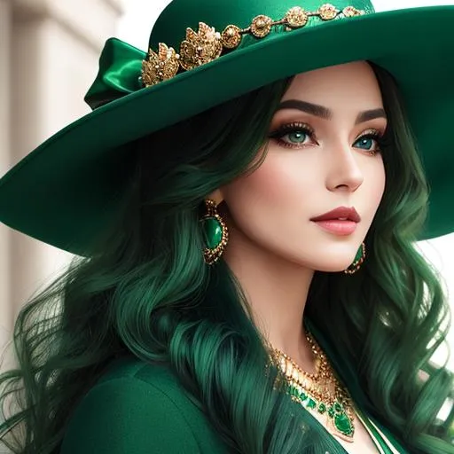 Prompt: Lady all in green, Long  very curly hair, wearing emerald jewelry, face front, blue fashion, stylish hat and coat, pretty makeup, facial closeup